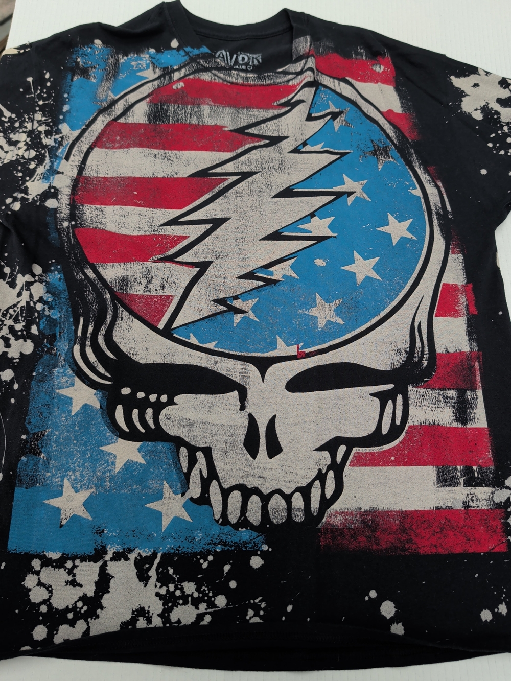 Liquid Blue Black Tee with Red, Blue & White Grateful Dead Skull Graphic